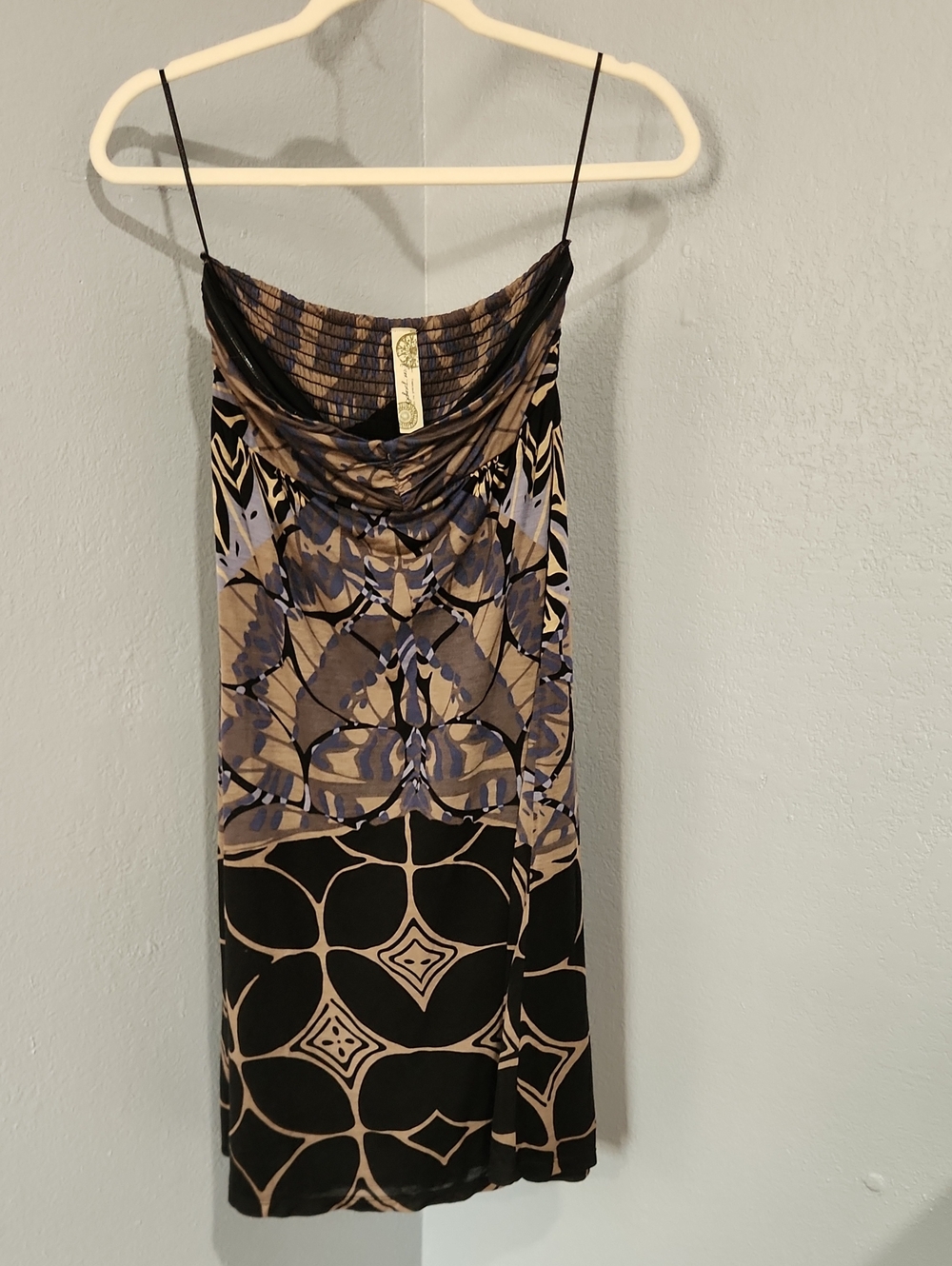 Free People Strapless Printed Cowl Dress in Black, Tan & Blue
